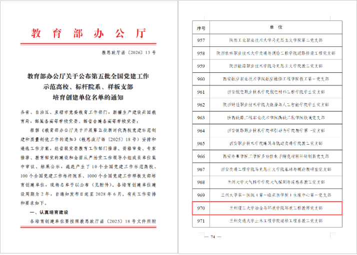冶金与环境学院环境工程教师党支部入选“全国党建工作样板支部”